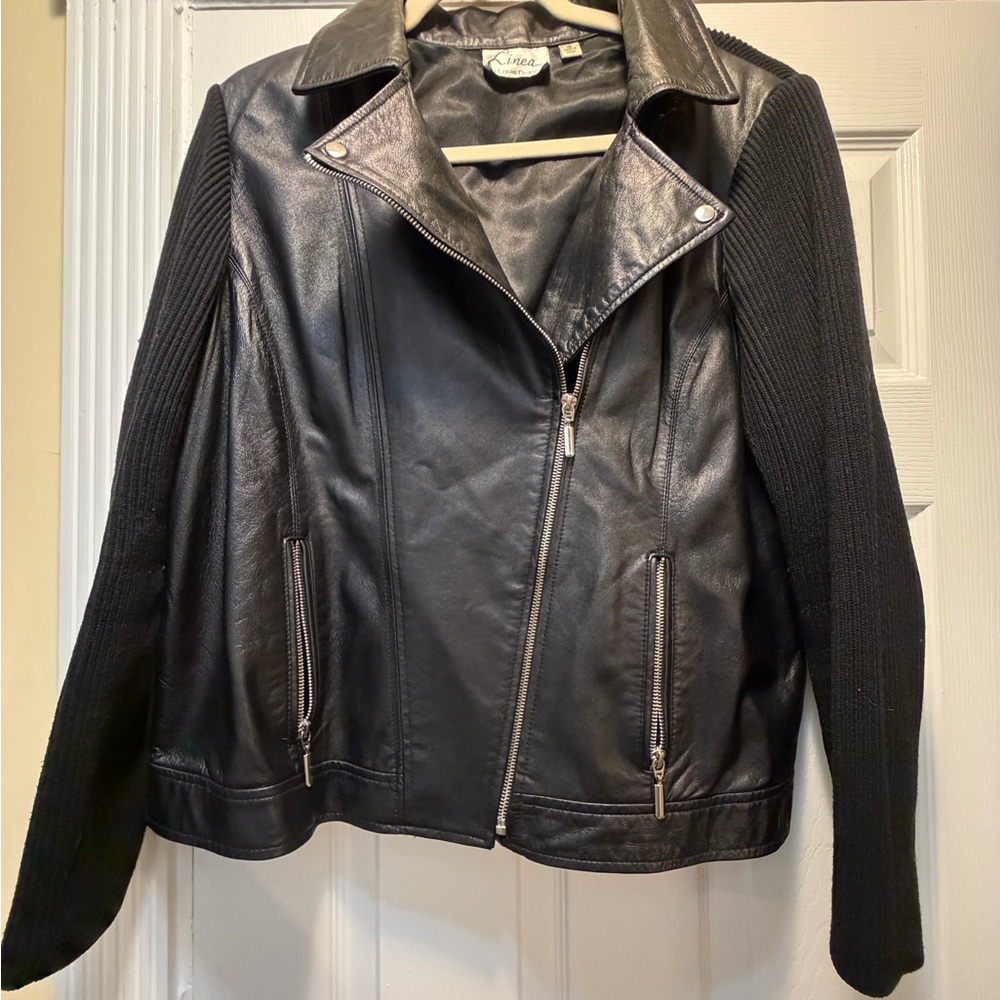 Linea by Louis Dell'Olio Black Leather Jacket with Knit Sleeves